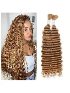 #27 Deep Wave Bulk Human Hair for Braiding No Weft 100% Human Hair Unprocessed Brazilian Virgin Human Hair Bulk for Women 100g with 2 Bundles Honey Blonde Human Braiding Hair Color 27 for Boho Braids Bohemian Knotless Deep Wave Bulk No Weft 14inch-28inch
