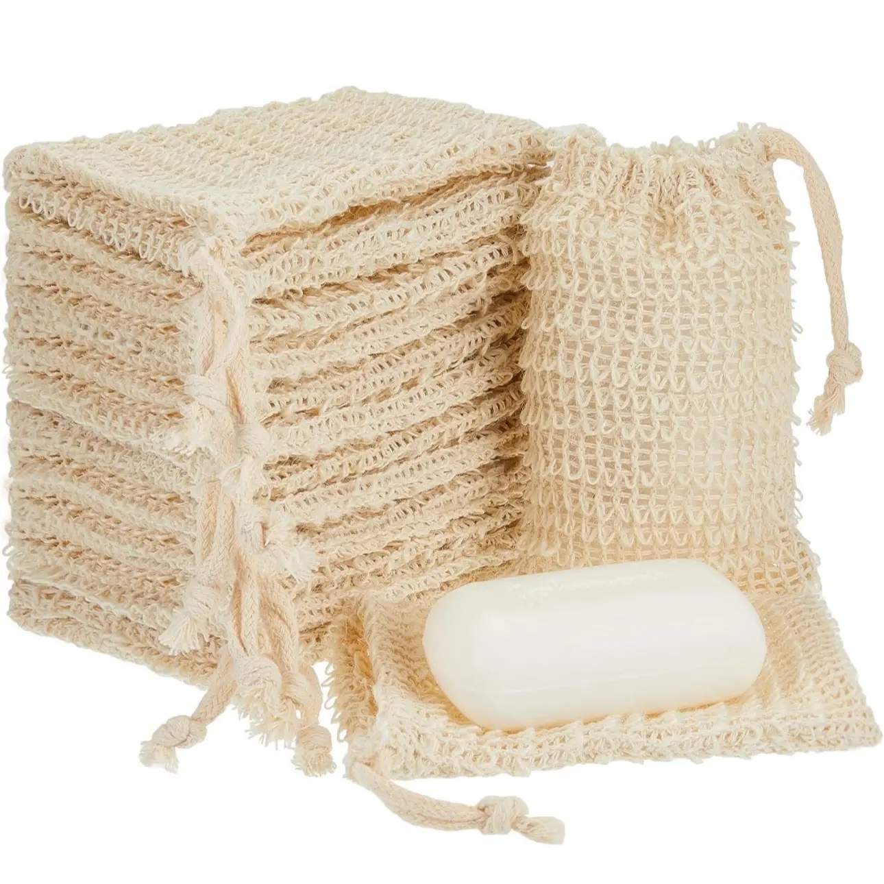 Soap Saver Bag with Drawstring Exfoliating Pouch Sisal Soap Savers Mesh Soap Bag Foaming and Drying Soap Holder for Bath and Shower.  3bags in package. For the price.