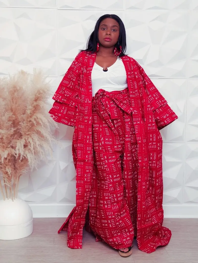 Red and White Kimono Tribal Print African Print Pant and Duster Set for Women - Womenswear, Clothing