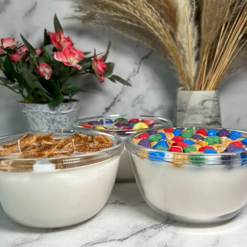 Set of 3 Candles Fruity Breakfast Cereal, Berry Crunch & Cinnamon Swirl - Each 3 Wick,80hr Burn Time Unique Design