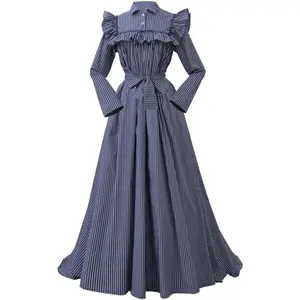 Women's Blue Striped Regency Period Vintage Ruffle Dress Colonial Pioneer Costume