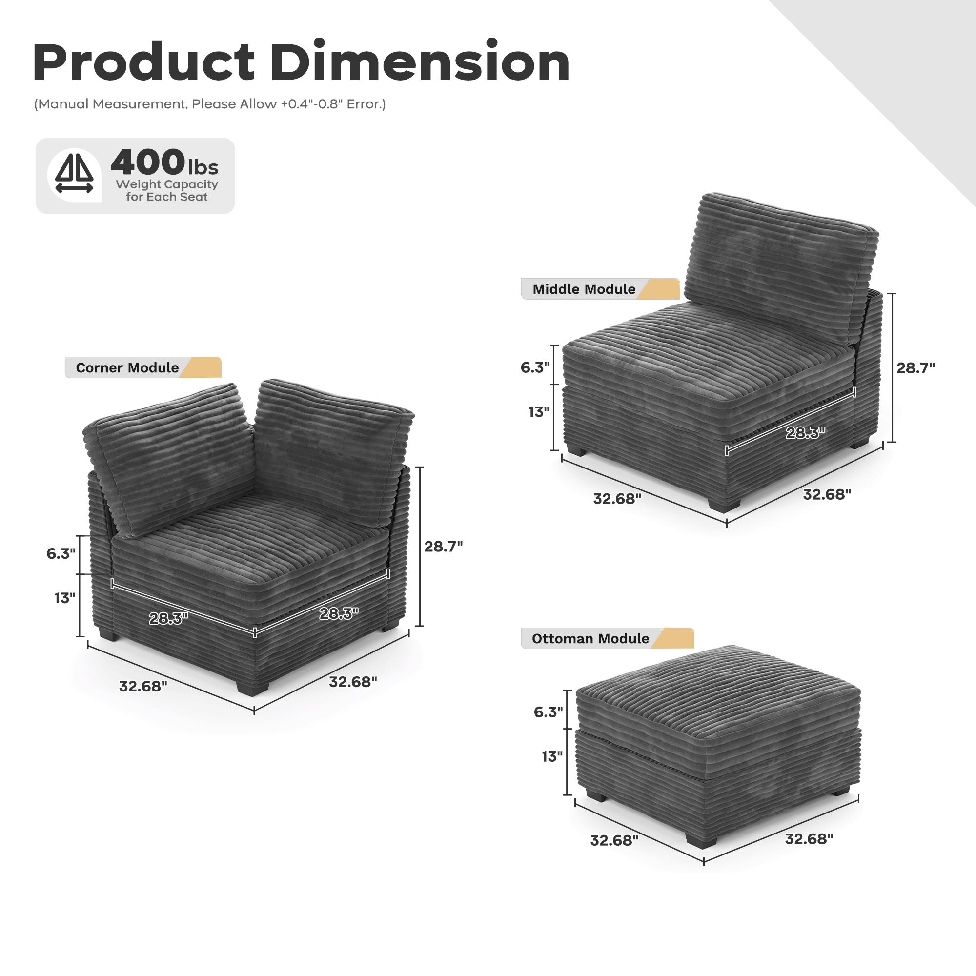 【DIY Combination】Ovios Modular Sectional Sofa, Mix and Match Pieces for Living Room, Comfy Cloud Couches with Movable Ottoman, L/U-Shaped Flexible Configuration, Plush Corduroy - 400 lbs Seat Capacity