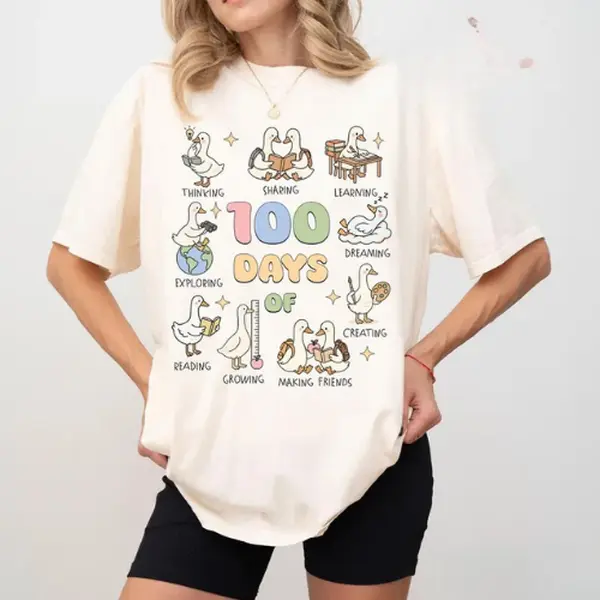 Teacher's T-shirt with goose design, commemorating 100 days at school, cute teacher, fun 100th day activity T-shirt, 100-day T-shirt
