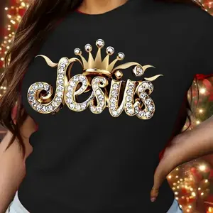 Jesus Crown Graphic Tee Womens Rhinestone Print Short Sleeve Crewneck Loose Fit Casual Streetwear Top For Church Sunday Brunch Holiday Gift