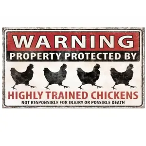 Vintage Art Deco Metal Tin Sign - "Well-Trained Chickens" Funny Warning Wall Decor, Suitable for Poultry Farms, Outdoor Chicken Coops and Holiday Themes (Halloween,Thanksgiving) - 8 x 12 Inch Rustic Metal Sign, No Power Required, Chicken Coop Decoration