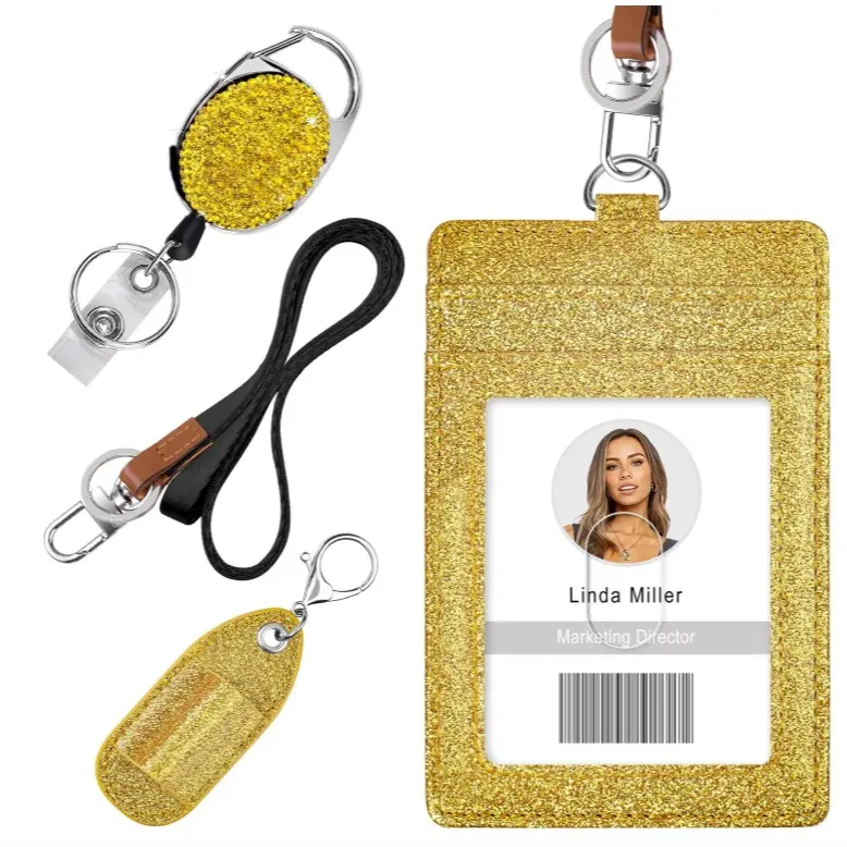 Bling Rhinestone Retractable ID Badge Holder with Belt Clip Key Ring, Lanyard and Pen Holder for Nurse, Teacher, Student, Office Worker