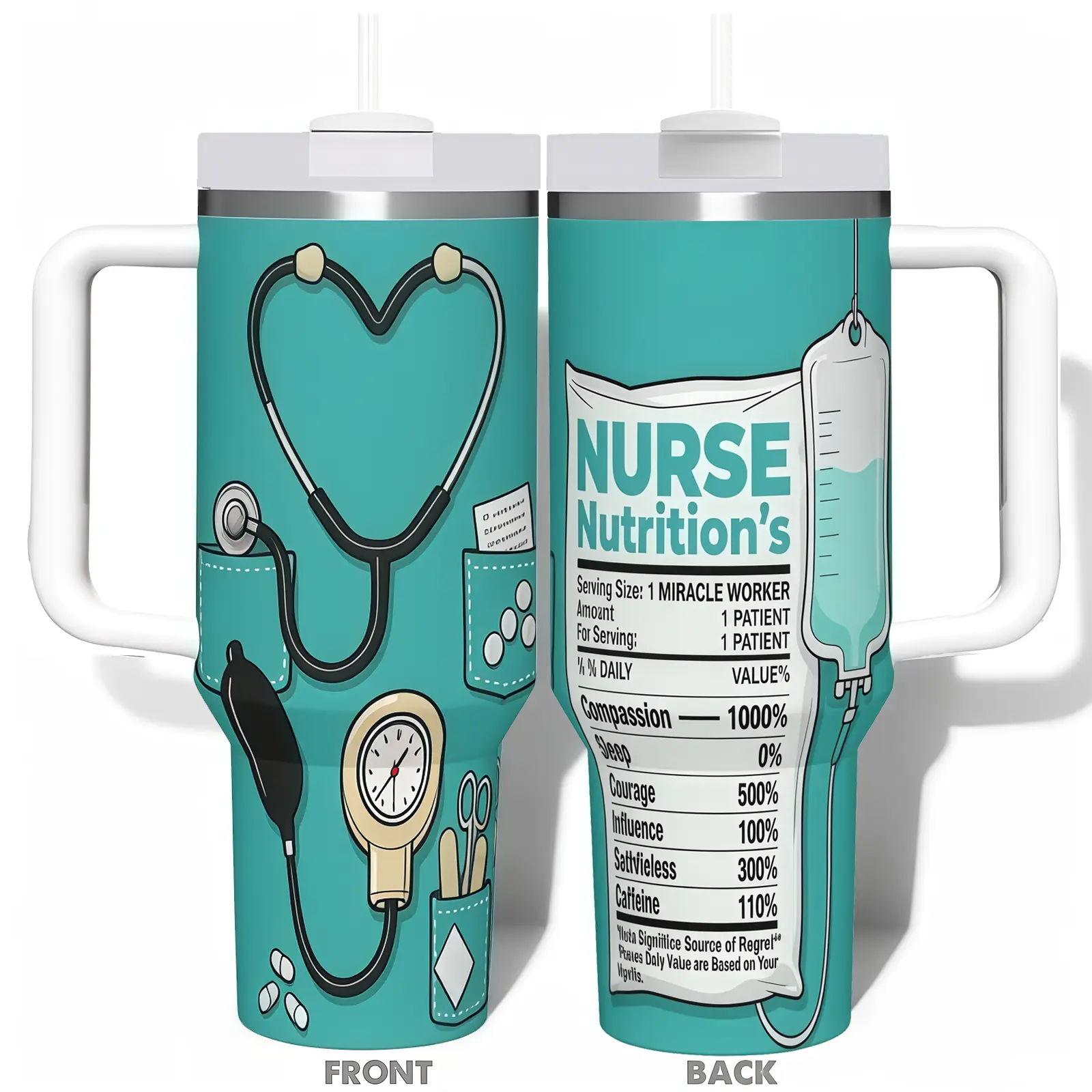 Nurses Week Gift 40oz Insulated Stainless Steel Tumbler with Handle and Straw, Nurse Nutrition Facts Water Tumbler, Graduation Gift for New Nurses and Nursing Students, Hospital Shift Essential Travel Cup