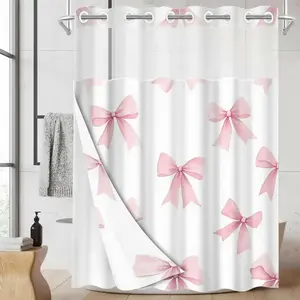 1pc hookless shower curtain, Bathroom Curtain, with buckle lining, spring pink and white bow pattern design, 2D flat printing, fabric waterproof lining, see-through double-layer, 71 x 74 inches