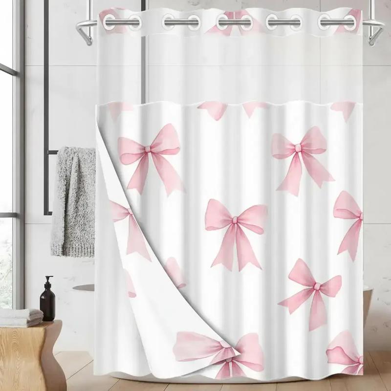 1pc hookless shower curtain with buckle lining, spring pink and white bow pattern design, 2D flat printing, fabric waterproof lining, see-through double-layer shower curtain, 71 x 74 inches, modern home draping curtain, Shower Curtain Liner