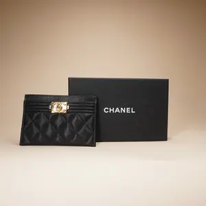 Pre-owned CHANEL Caviar Quilted Small Leather Goods Black Quilted Caviar Boy Card Holder Pale Gold Hardware
