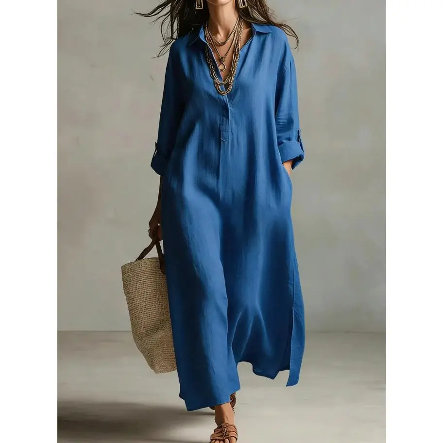 Women's Solid Woven Shirt Dress, Comfortable Boho Maxi with a Relaxed H-Fit and Pockets, Perfect for Going Out and Brunch Outfit Ideas Styled with Accessories, Oversized, Button, Soft
