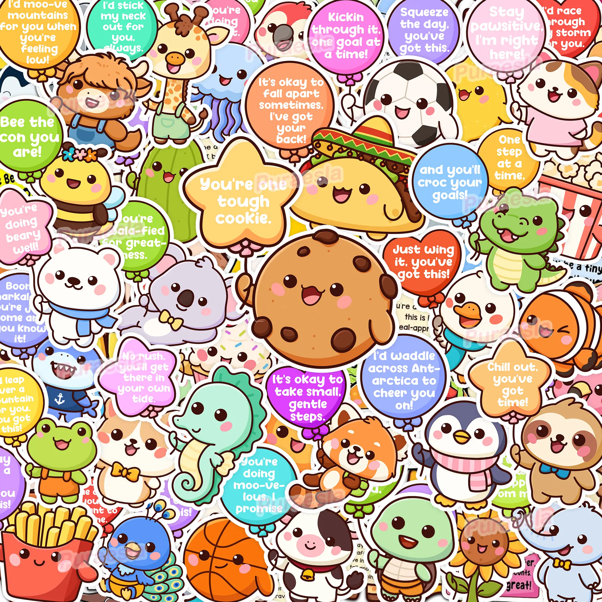 100 PCS Encouraging Balloon Buddies Stickers Pack by Puraesla - Moral Support Cute Encouraging Animals Inspirational Stickers for Water Bottles, Laptops, Phones, Positive Quote Vinyl