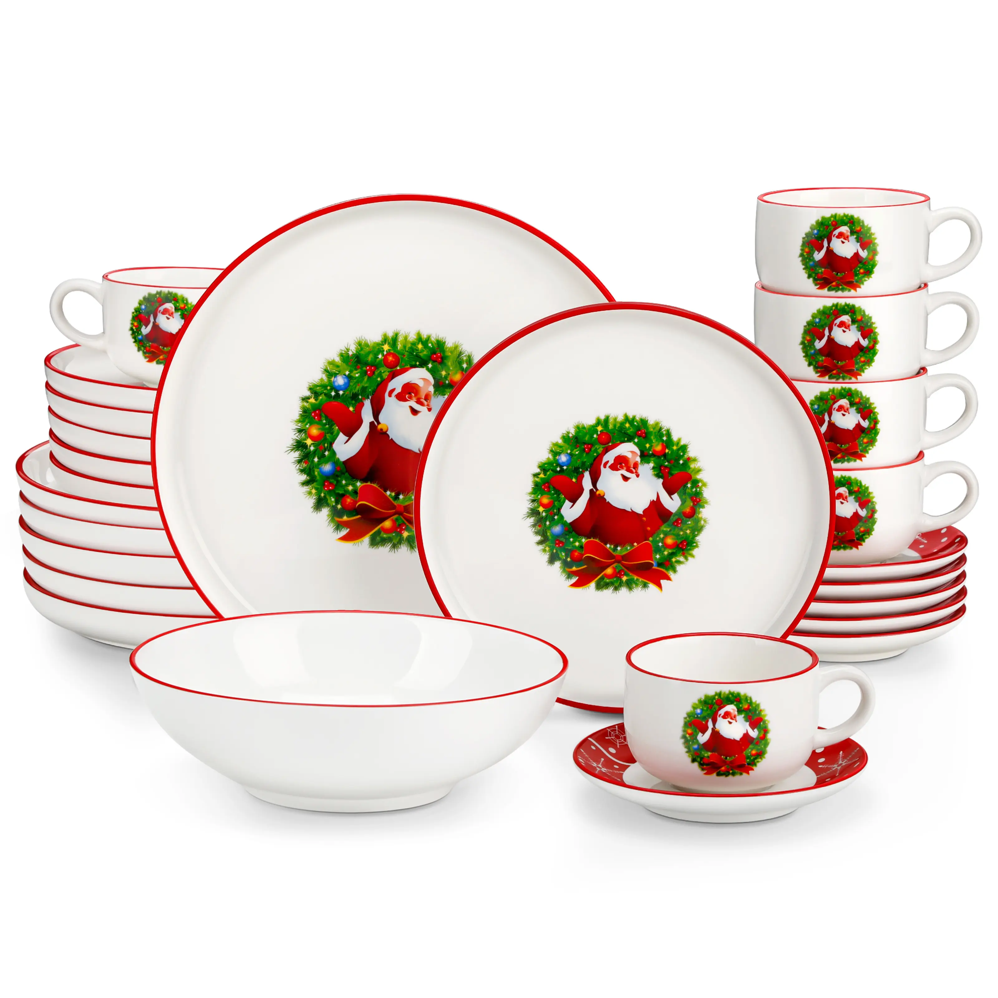 MALACASA 30-Piece Christmas Dinner Set for 6 People – Santa Claus & Christmas Tree Design, Complete Ceramic Plates, Bowls & Mugs Set for Holiday Feasts and Family Gatherings
