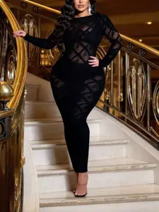 Lemishion Hollow Out Black Dress Long Sleeve Women's Plain  Bodycon Formal Basic Minimalist Womenswear Boat Neck Design Fit Casual