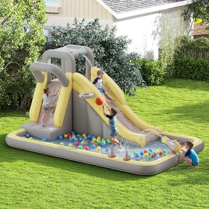 ALBOTT Inflatable Bounce House, Water Slide with Jumping Area, Climbing Wall, Splash Pool and Water Gun, Indoor Outdoor Jumper for Kids 3-12, Air Blower Included