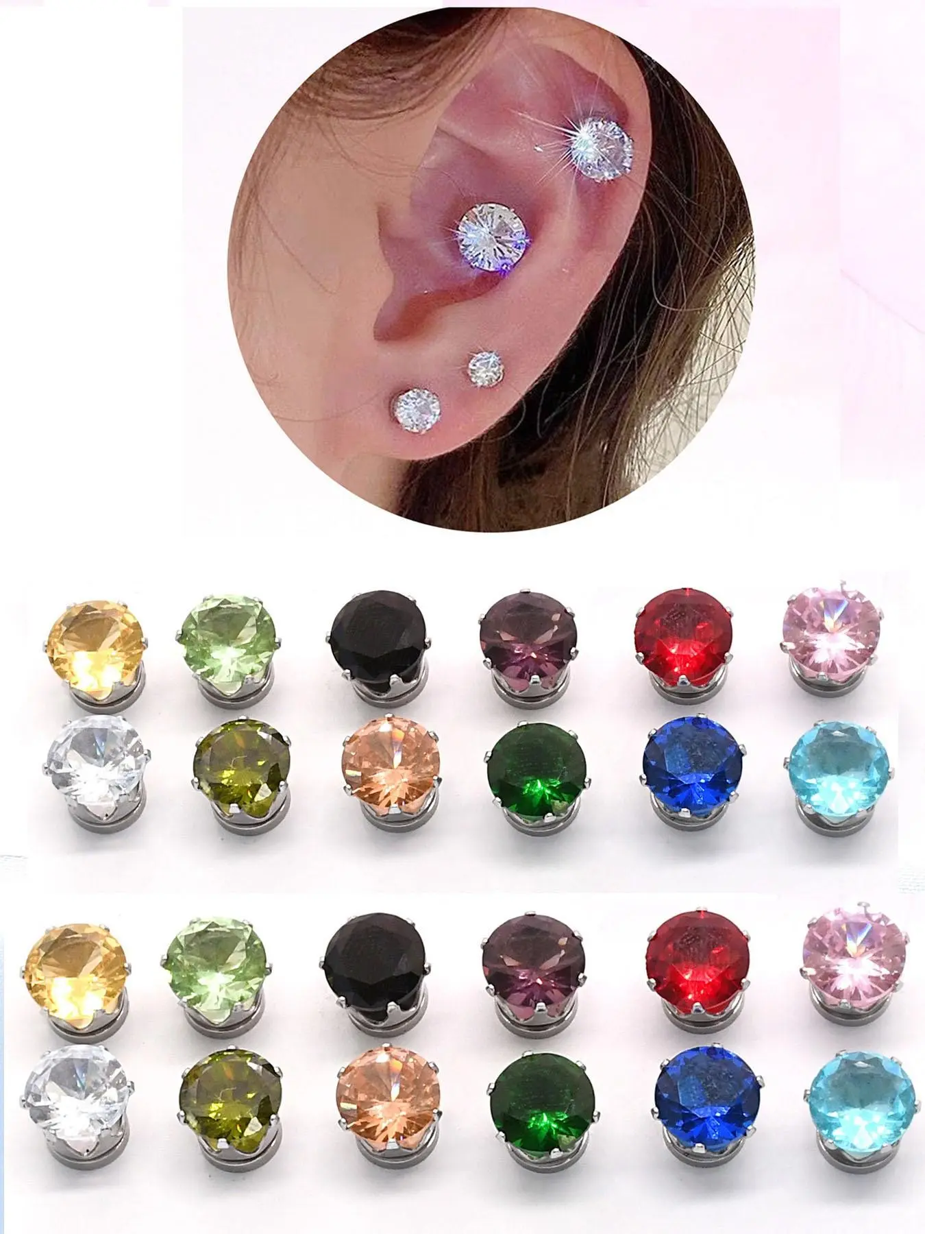 Colorful Cubic Zirconia Magnetic Ear Cuffs, Unisex Clip-On Earrings, Six Prong Setting, Sparkling Rhinestones, Fashion Jewelry, Ear Studs