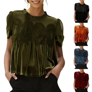 Women's Velvet Casual Lace Blouse Round Neck Short Sleeve Flared Swing Top Elegant Loose Fit for Everyday Wear