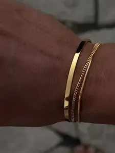 New Fashion Stackable Cuff Stainless Steel Bracelet Set, Layered Bangle Snake Chain Cuban Link Bracelets, 3 Piece Jewelry Collection