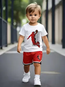 Boys' Basketball Pattern Short Sleeve T-Shirt & Shorts Set, Casual Fitted Kids Sportswear, All Seasons Wear, Geometric Design, Tee Shorts Set