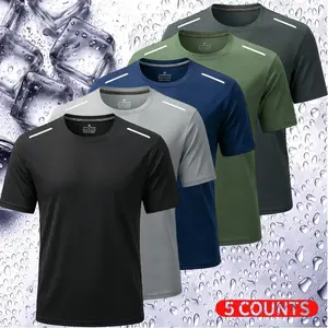 Men's 5-Pack Quick Dry Athletic T-Shirts – Lightweight Breathable Short Sleeve Workout Shirts for Gym, Running & Training, Moisture Wicking Active Tees with Reflective Details (Black, Grey, Navy)