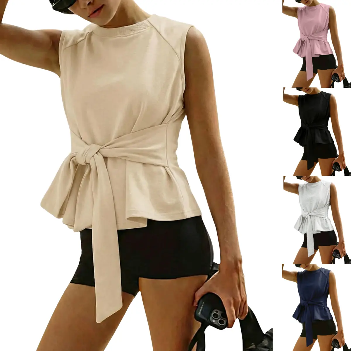 SCUSTY Women's Tie Knot Wrap Top Summer 2026 Sleeveless Crewneck Lightweight Scoop Neckline Casual Athleisure Tee for Workout Lounging Everyday Wear