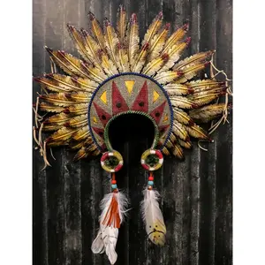 Large Southwest Indian Tribal Chief Headdress War Bonnet W/ Feathers Wall Decor