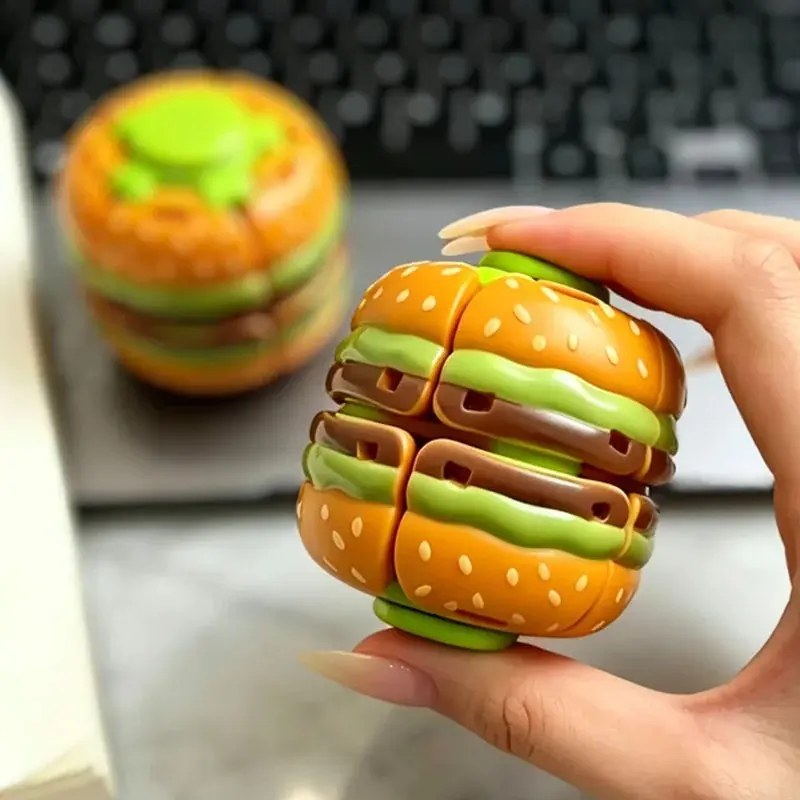Humburger Fidget Spinner Rotating Stress Ball Quiet Anxiety Calm Down Autism ADHD Focus Press to Spin Decompression Toys Adults