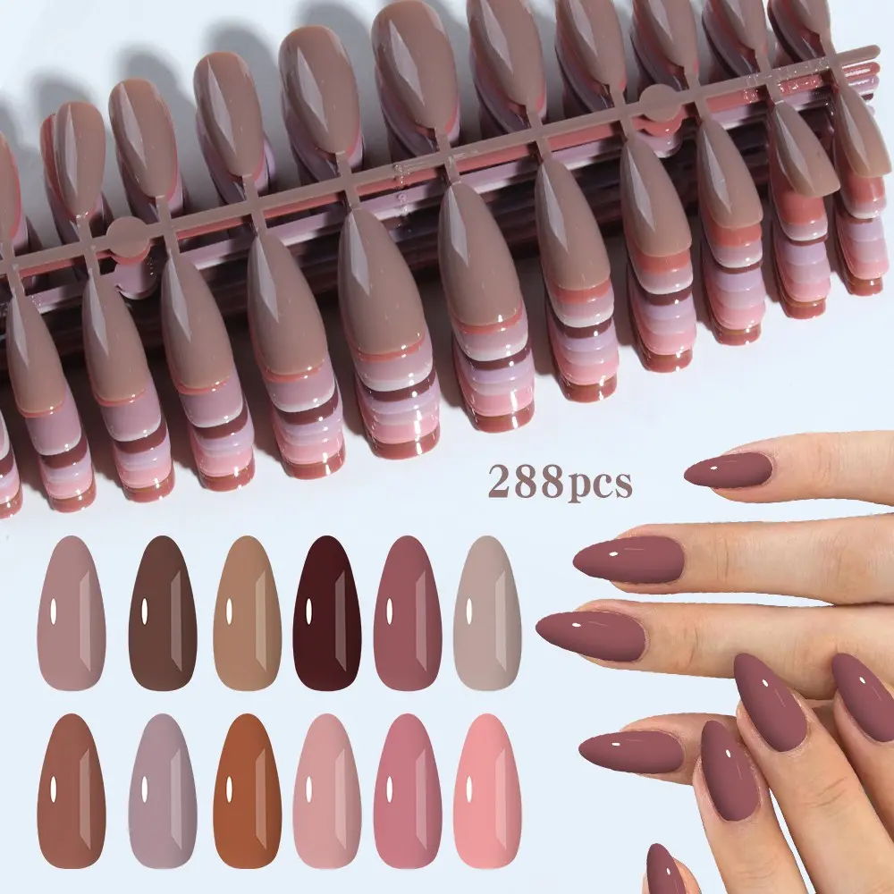 288pcs Matte Long Almond Nail Art Design Stickers, Almond Fake Nails, Perfect Fit for Almond Shape, Easy to Wear, Ideal for Women's Daily Use & Parties, Nail Designs, Nail Art Supply