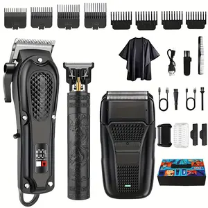 Golden Haircut Three-Piece Set, Men's Grooming Three-Piece Set, Barber Haircut Set, Valentine's Day Gift Box Set. USB Charging, LCD Display. rechargeable cordless ceramic blade