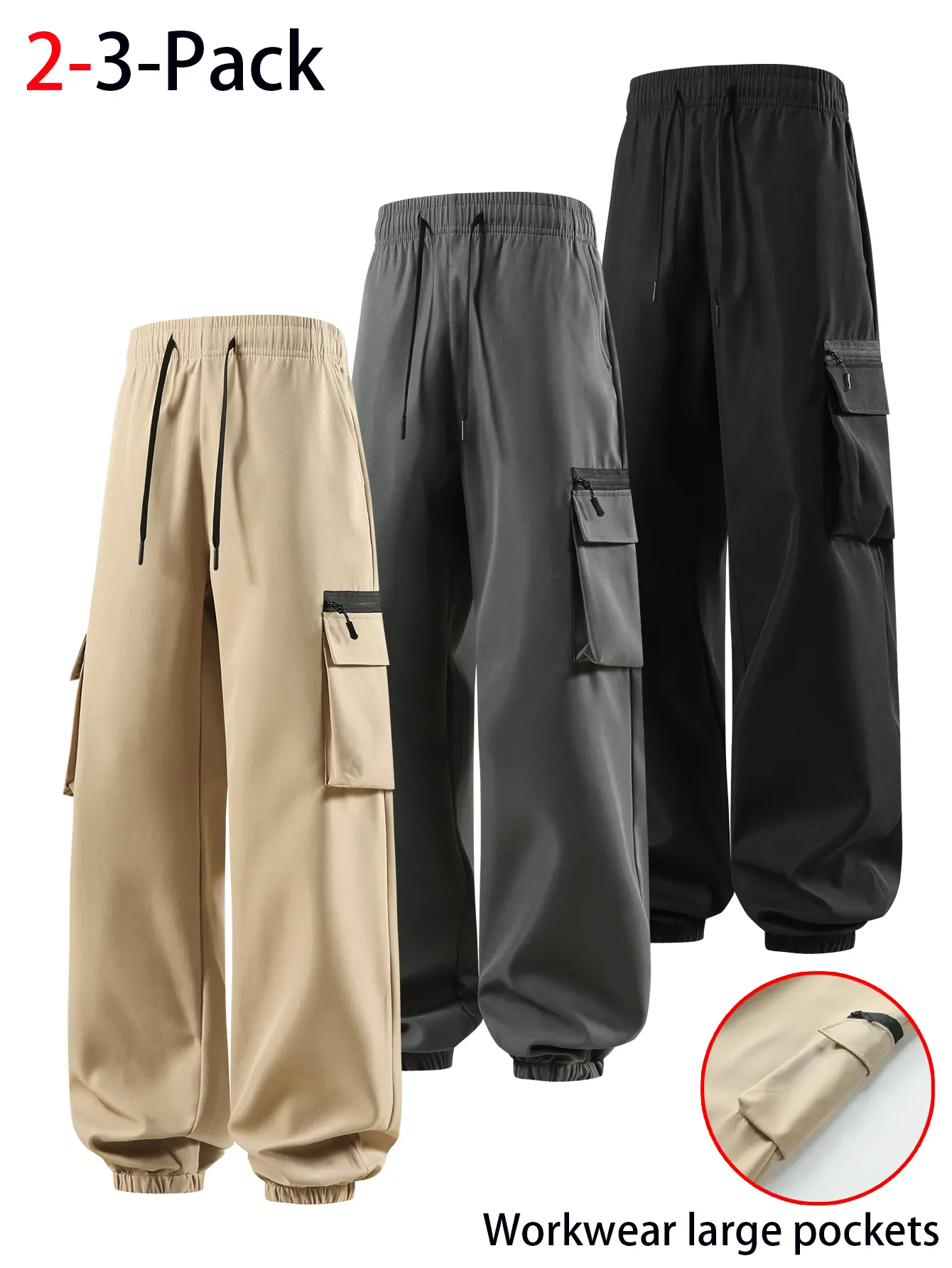 Mens Tactical Cargo Jogger Pants 2 Pack 3 Pack Multi Pocket Outdoor Workwear Trousers Elastic Waist Drawstring Lightweight Casual Hiking Streetwear Utility Pants with Large Side Pockets Cuffed Hem Loose Fit Daily Wear