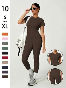 Women's Sporty Fitted Yoga Tracksuit Set, Soft Breathable Short Sleeve Top & Elastic Pants, Ideal for Fitness Running Outdoor Activities, Gym Workout Clothes, Fitness Training Clothes
