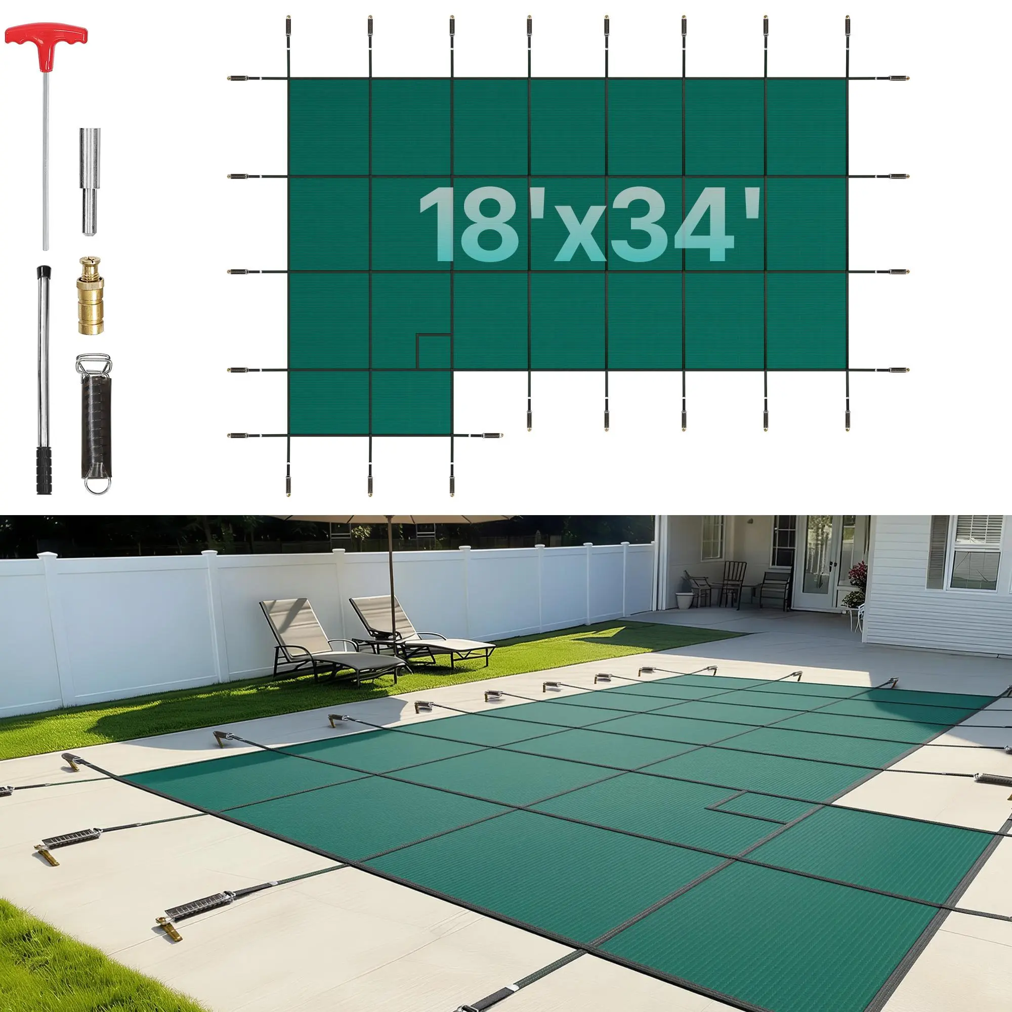 Inground Pool Safety Cover, 18 ft x 34 ft Rectangular Winter Pool Cover with Left Step, Triple Stitched, High Strength Mesh PP Material, Good Rain Permeability, Installation Hardware Included