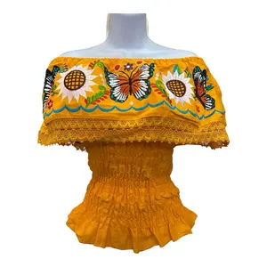 Monarch butterfly Off the Shoulder Mexican Top 100% Cotton Elastic Waistband One Size Fits All Colorful Embroidery