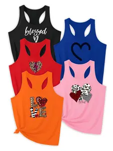 Women's Heart, Letter & Leopard Print Sports Tank Top, Casual Sleeveless Round Neck Top for Yoga Gym Workout, Ladies Sportswear for All Seasons, Womenswear, Fitted Tanktop