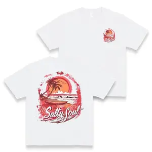 Salty Soul Women's 180g Dual-Sided Graphic T-Shirt Casual Short Sleeve Round Neck Tee with Beach Sunset & Palm Tree Print 100% Cotton Machine Washable Summer Top for Vacation & Casual Attire Love Printed Flat Embroidered