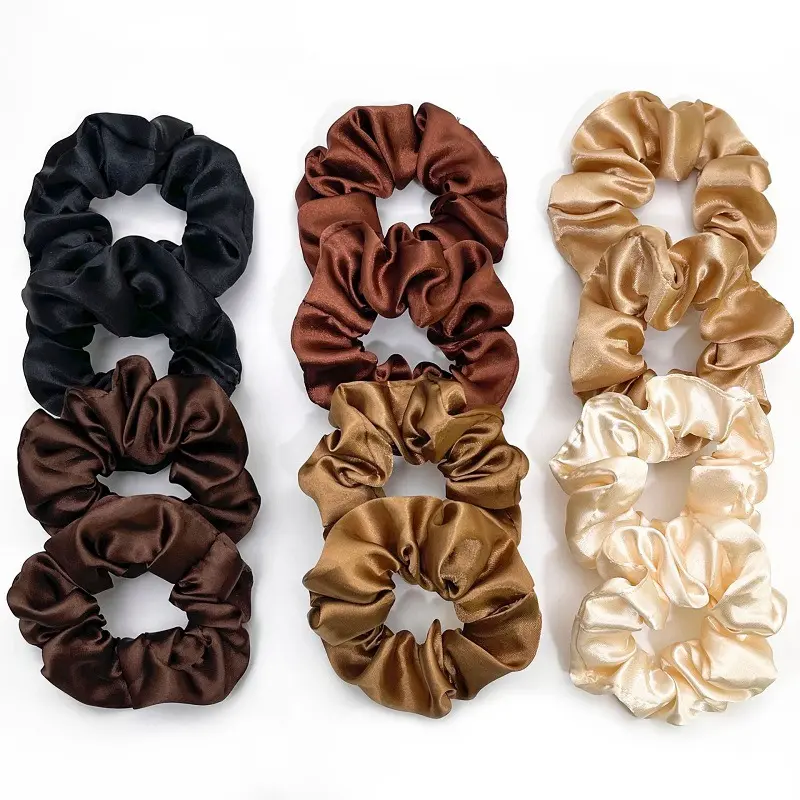 12pcs Silky Scrunchies Satin Hair Ties Black Brown Hair Accessories For Women, Elastic Ponytail Holder, Daily Casual Hairbands