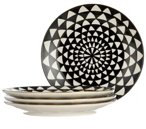 Dinnerware Black & White Medallion Stoneware Salad Round Plates, 4 Pack