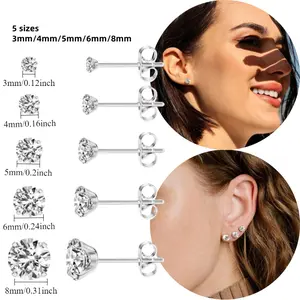 5 Pairs Extra Long Post Earrings 316L Stainless Steel Stud Earrings for Women Hypoallergenic Cubic Zirconia Ear Piercing Studs for Sensitive Ears 3-8mm