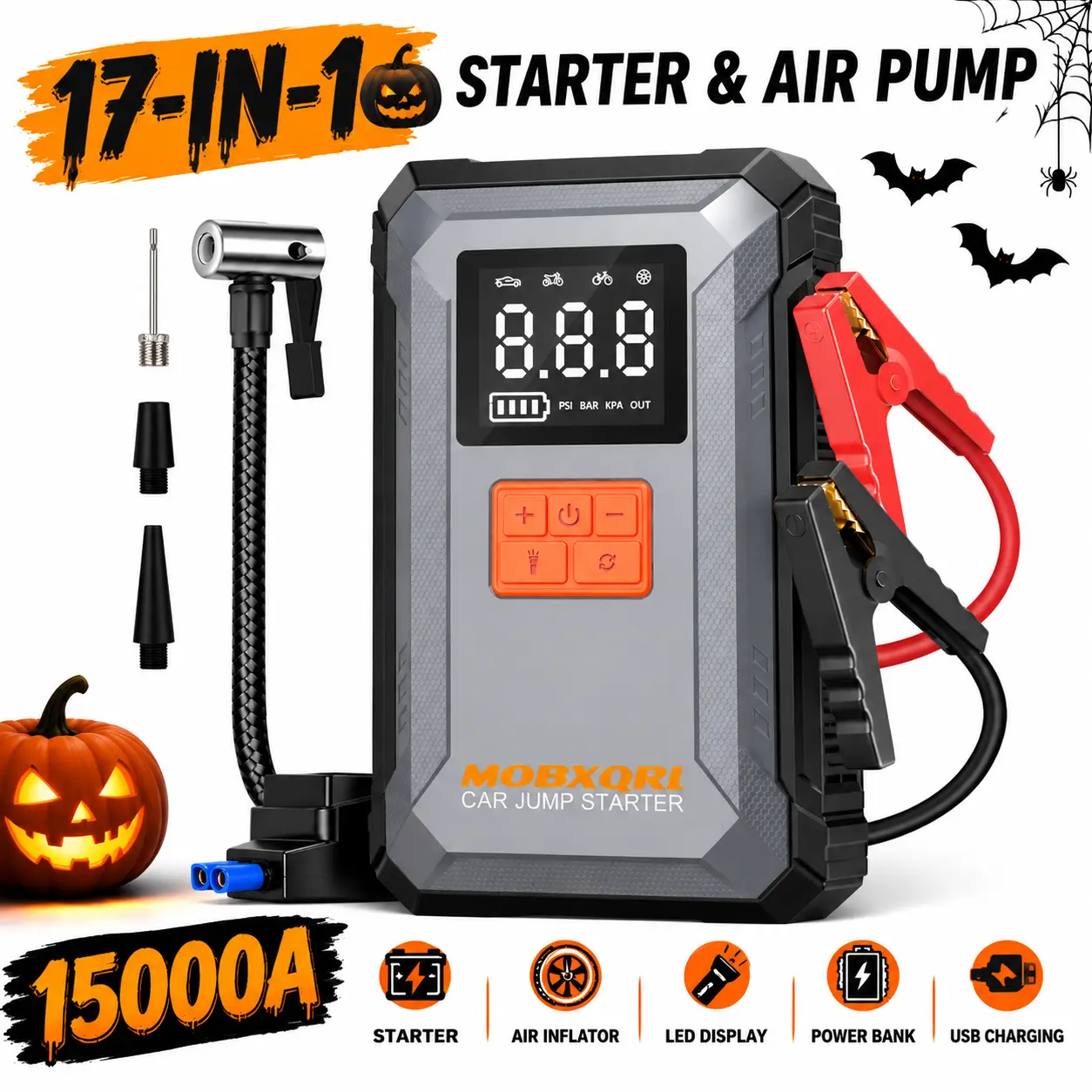15000A Compact Portable Car Jump Starter - 12V Rechargeable Booster Pack with Built-in Battery, 150PSI Air Compressor, USB-C Power Bank, LED Flashlight, Car Repair Tools, Roadside Emergency Kit, Dad Gift