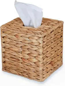 Handwoven Water Hyacinth Tissue Box Cover, Natural Wicker Wipe Holder, Square Handcrafted Facial Tissue Container, Rustic Boho Home Bathroom Decor, Ideal Gift