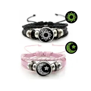Night Glow Moon Sun Matching Bracelets, Adjustable Punk Style Woven Leather Couple Jewelry, His & Hers Gifts for All Occasions, Bracelet for Couples