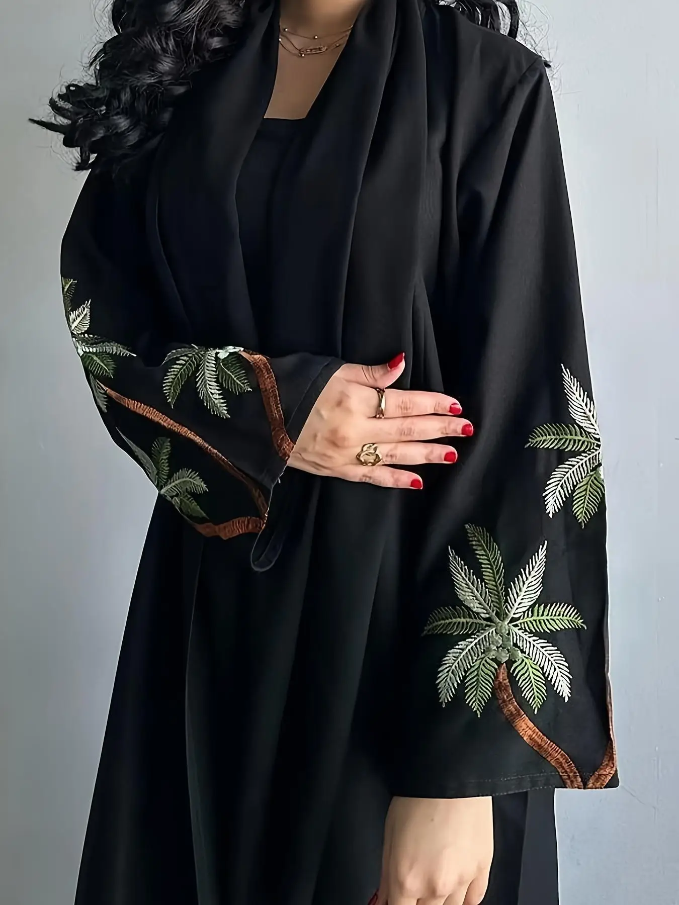 Women's Palm Tree Embroidery Long Abaya, Modest Muslim Casual Long Sleeve Open Front Abaya for Daily Wear, Women's Islamic Clothing for All Seasons