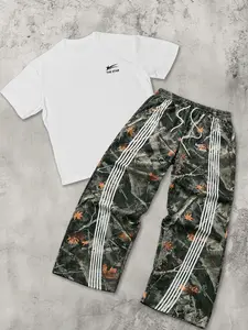 Tree Camo Striped Track Pants & "THE STAR" Logo T-Shirt 2-Piece Set | Y2K Streetwear Outfit Print