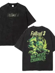 Fallout 3 T 45D Power Armor Graphic Tee Vintage Washed Double Sided Print Oversized Cotton Shirt Retro Wasteland Streetwear Top for Men Women Casual Daily Wear Halloween Cosplay Concert Outfit