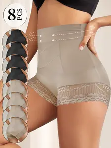 QUASTI Women's 8-Pack High-Waist Boyshorts - Ultra Breathable, Soft, Comfortable Fabric, Lace-Edge Wrap Design, Tummy Control, Hip-Lifting, Sexy, 4*Amber+4*Black, for Postpartum & Daily Wear, S-XXL