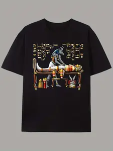 Men's & Women's Egyptian-Themed Anubis & Mummy Print T-Shirt - 220GSM Pure Cotton Retro Sphinx & Egyptian Gods Graphic Tee Short Sleeve Round Neck Casual Shirt for pharaoh tours Themed Parties & Casual Attire
