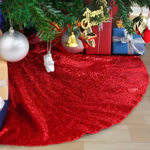 Shiny Elegant Christmas Tree Skirts Xmas Holiday Red Round Tree Floor Carpets Fabrc 36inches