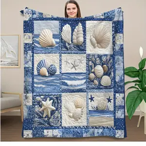 1pc Vintage Nautical Seashell Quilt Blanket - Coastal Beach Theme with Starfish & Shell Designs, Blue & White Flannel All-Season Sofa Bed Throw for Home Decor, Camping, Travel - Perfect Gift, Beach Blanket
