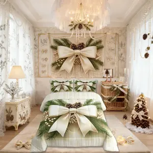 Bowknot Kids Comforter Set,Pinecone Leaves Striped Bedding Set for Boys Girls Room Decor,Christmas Ornaments Quilt Comforter,Beige Green Duvet Set,Bedroom Quilt Set