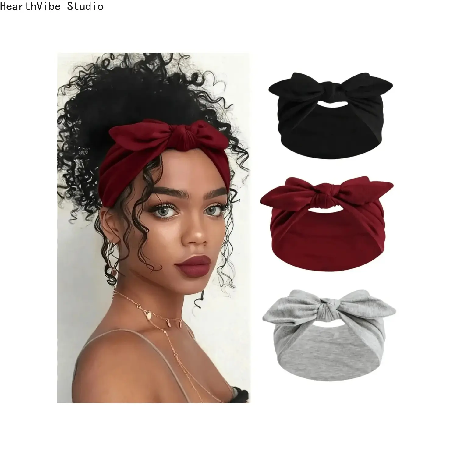 Women's Wide Bowknot Headband Set, Ribbed Elastic Turban Wraps in Solid Colors, Non-Slip Fashion Accessory for Yoga & Workout, Black Headband, Stretchy Headbands